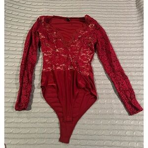 Windsor Red Lace Long Sleeve Bodysuit- M